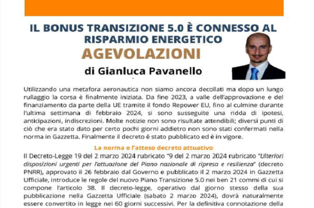 IL BONUS TRANSIZIONE 5.0 è connesso al risparmio energetico